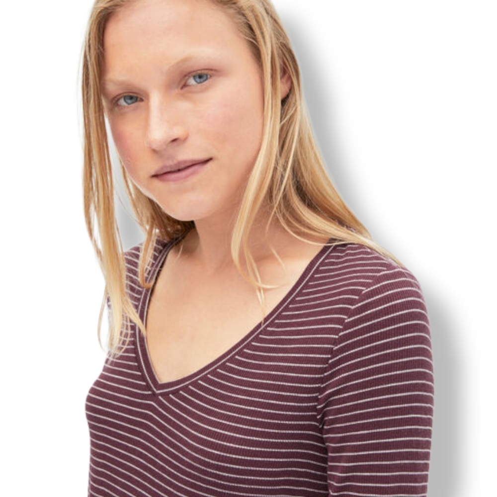 Aero Long Sleeve Seriously Soft Striped Ribbed V-Neck Burgundy Tee, XXL - Picture 3 of 5
